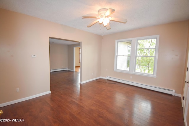 unfurnished room featuring a textured ceiling, ceiling fan, a baseboard radiator, and dark hardwood / wood-style floors