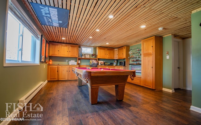 rec room with plenty of natural light, dark wood-type flooring, and wooden ceiling