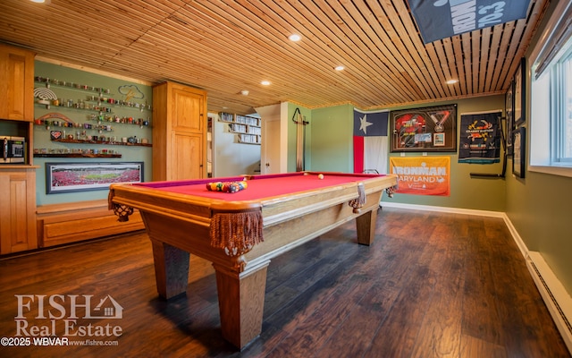 game room featuring hardwood / wood-style flooring, a baseboard radiator, pool table, and wooden ceiling