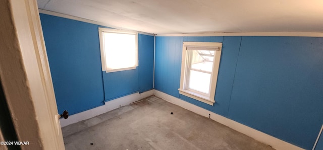 spare room with carpet and lofted ceiling