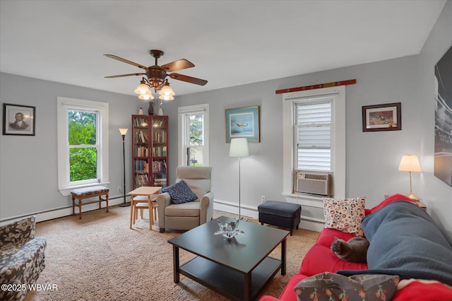 carpeted living room featuring a baseboard radiator, plenty of natural light, and cooling unit