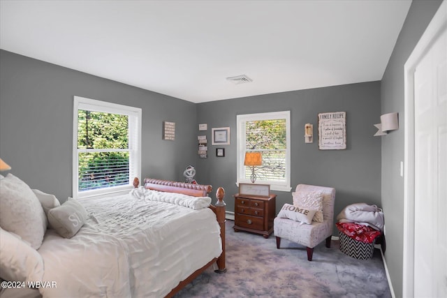 carpeted bedroom with multiple windows, visible vents, and baseboards