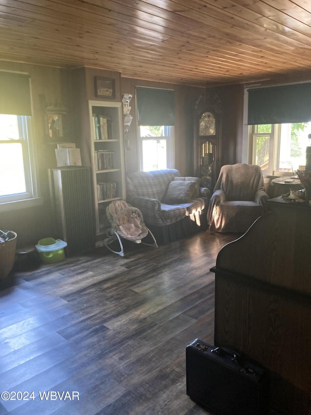 living room with hardwood / wood-style flooring, wood ceiling, radiator heating unit, and a wealth of natural light