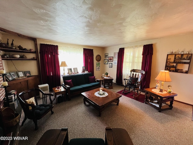 carpeted living room with a textured ceiling