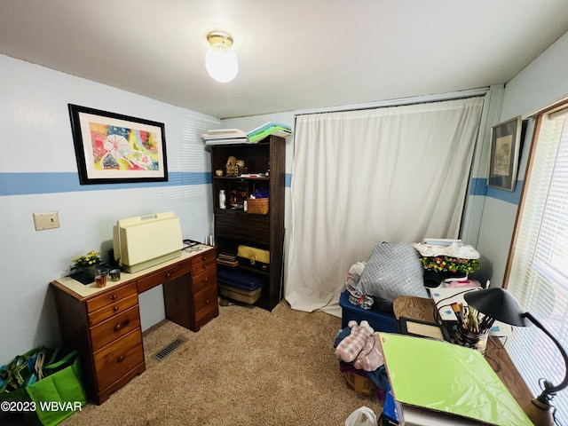 home office with light colored carpet