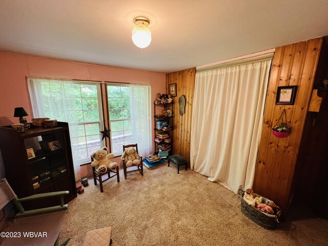 sitting room featuring wood walls and carpet floors