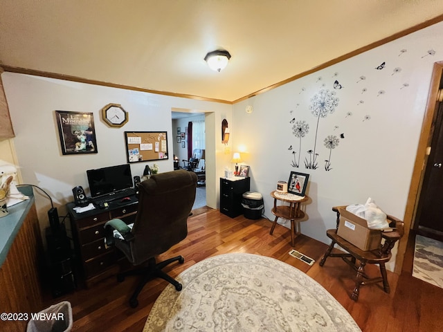 office featuring crown molding and wood-type flooring