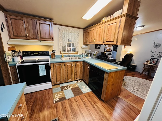 kitchen featuring crown molding, sink, white electric stove, light wood-type flooring, and black dishwasher