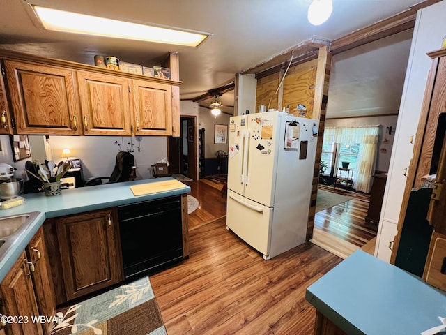 kitchen featuring dishwasher, white refrigerator, light hardwood / wood-style floors, and ceiling fan