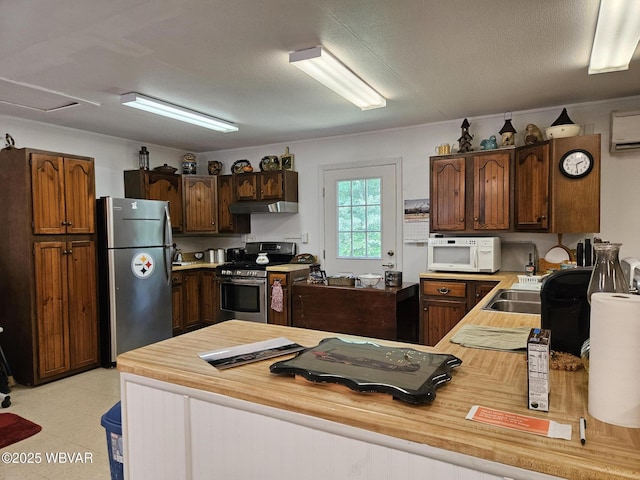 11 Mikes Peak Ln, Lock Haven, PA 17745 - kitchen with appliances with stainless steel finishes, under cabinet range hood, a peninsula, wooden counters, and a wall mounted AC
