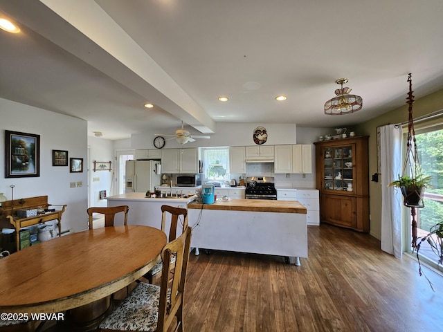 11 Mikes Peak Ln, Lock Haven, PA 17745 - dining area with dark wood-style flooring, plenty of natural light, recessed lighting, beamed ceiling, and ceiling fan