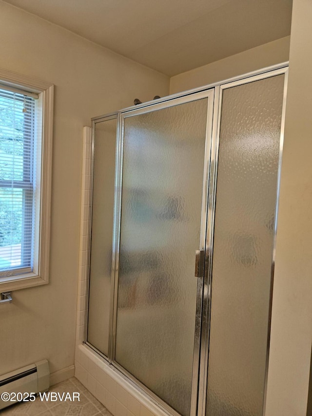 11 Mikes Peak Ln, Lock Haven, PA 17745 - full bathroom with a baseboard heating unit, plenty of natural light, tile patterned floors, and a shower with door