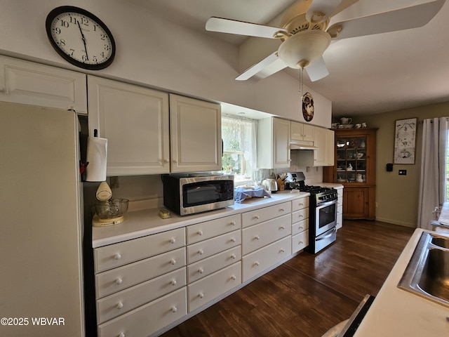 11 Mikes Peak Ln, Lock Haven, PA 17745 - kitchen with appliances with stainless steel finishes, dark wood-style flooring, white cabinetry, ceiling fan, and light countertops
