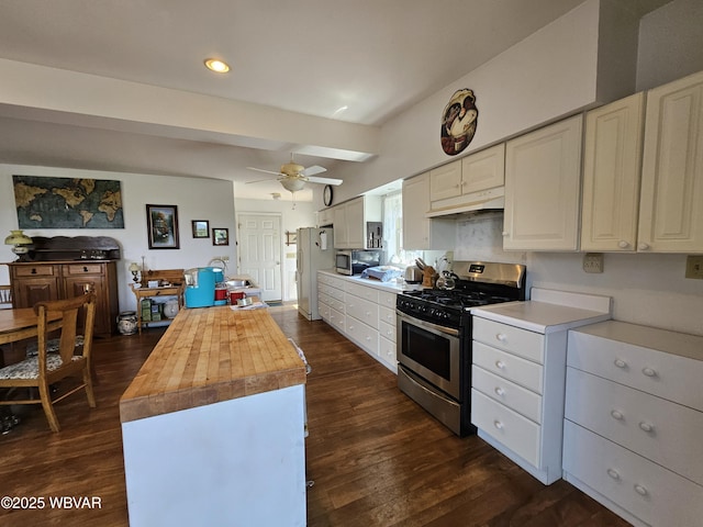 11 Mikes Peak Ln, Lock Haven, PA 17745 - kitchen featuring appliances with stainless steel finishes, under cabinet range hood, butcher block countertops, dark wood-style flooring, and ceiling fan