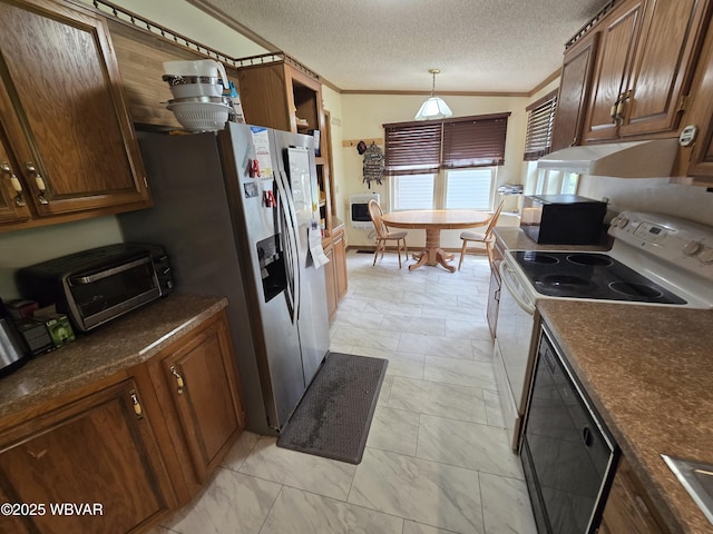 4316 Pine Mountain Rd, Jersey Shore, PA 17740 - kitchen with ornamental molding, under cabinet range hood, white electric stove, a textured ceiling, and brown cabinets