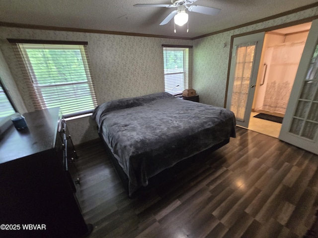 4316 Pine Mountain Rd, Jersey Shore, PA 17740 - bedroom featuring ornamental molding, wallpapered walls, wood finished floors, ceiling fan, and a textured ceiling