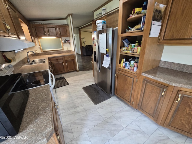 4316 Pine Mountain Rd, Jersey Shore, PA 17740 - kitchen with light marble finish flooring, a sink, under cabinet range hood, stainless steel fridge, and a textured ceiling