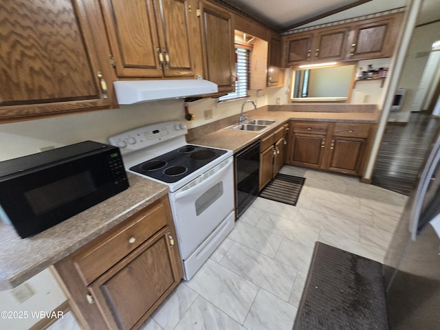 4316 Pine Mountain Rd, Jersey Shore, PA 17740 - kitchen featuring black appliances, ventilation hood, a sink, light marble finish flooring, and vaulted ceiling