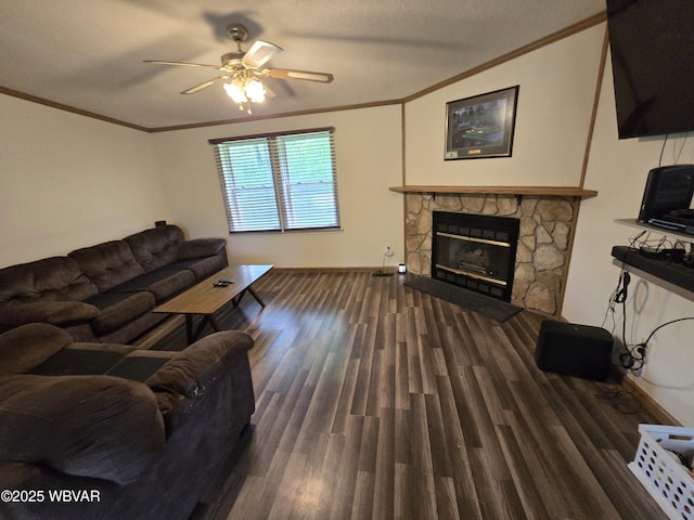 4316 Pine Mountain Rd, Jersey Shore, PA 17740 - living area with a ceiling fan, wood finished floors, crown molding, a stone fireplace, and baseboards