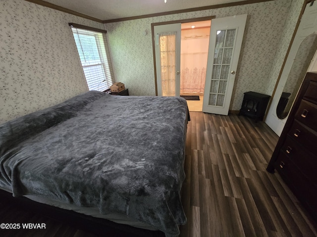 4316 Pine Mountain Rd, Jersey Shore, PA 17740 - bedroom with wallpapered walls, ornamental molding, and dark wood-style flooring