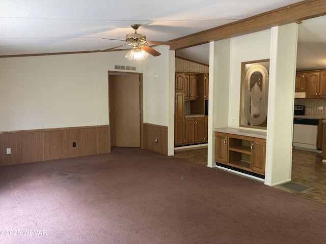 400 Livermore Rd, Williamsport, PA 17701 - unfurnished living room featuring visible vents, ceiling fan, lofted ceiling, and carpet floors