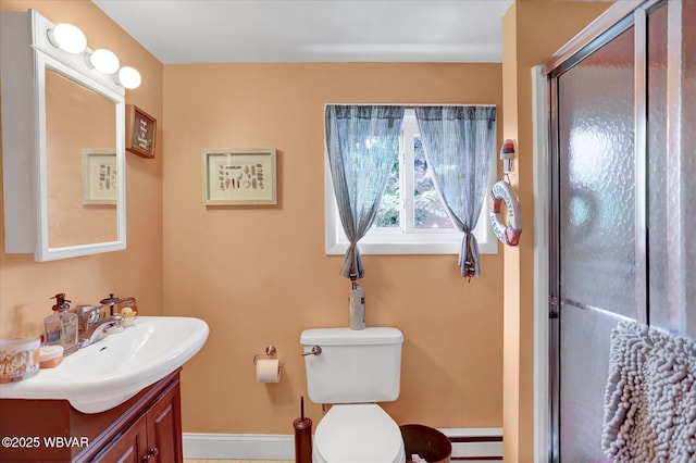 679 2nd Ave, Williamsport, PA 17701 - bathroom featuring a baseboard radiator, vanity, and a shower with door