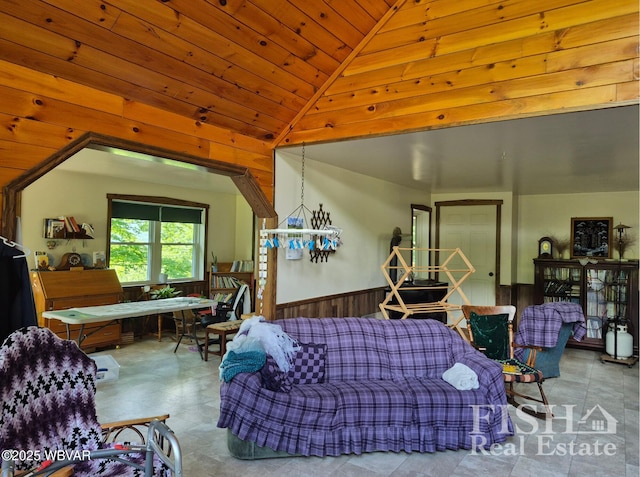 3178 W Winter Rd, Loganton, PA 17747 - living area with wainscoting, wooden walls, wood ceiling, and vaulted ceiling
