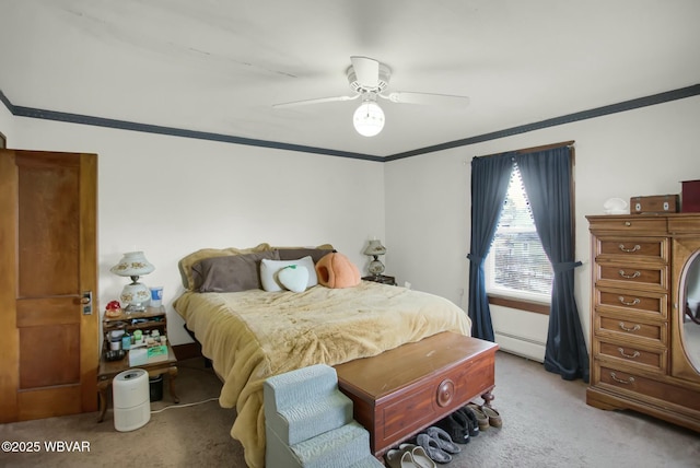 bedroom with crown molding, ceiling fan, a baseboard radiator, and light carpet