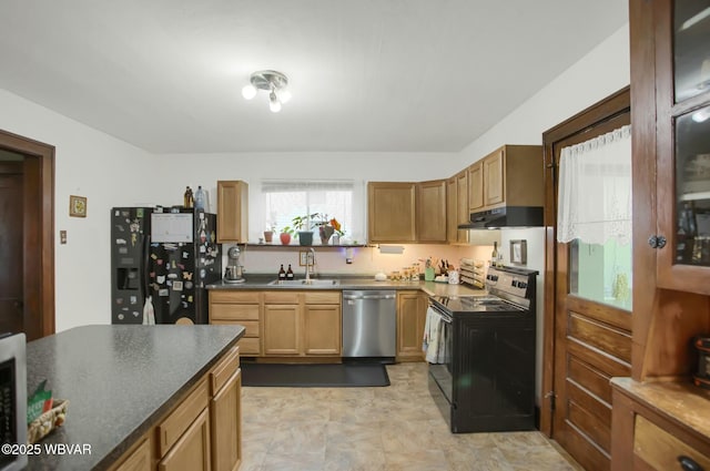 kitchen featuring range with electric stovetop, dishwasher, sink, and black refrigerator with ice dispenser