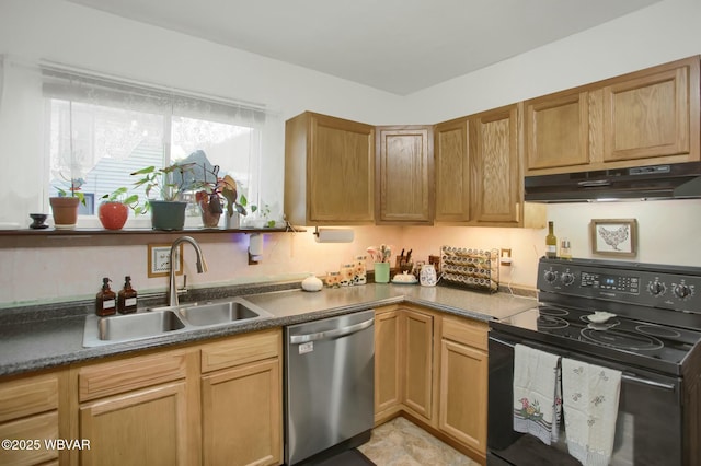 kitchen featuring black electric range oven, stainless steel dishwasher, and sink