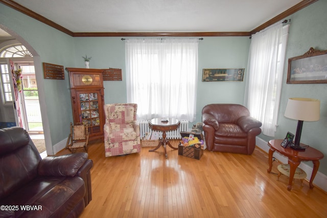 45 W Bald Eagle St, Lock Haven, PA 17745 - living area featuring radiator, arched walkways, light wood-style flooring, baseboards, and ornamental molding
