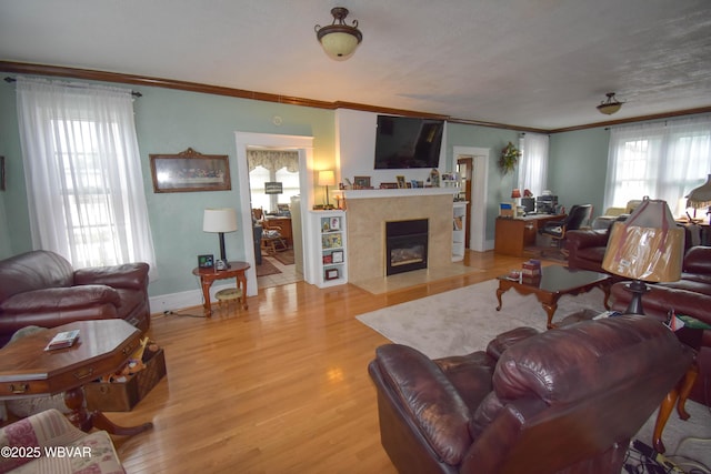 45 W Bald Eagle St, Lock Haven, PA 17745 - living area featuring ornamental molding, light wood-style flooring, a fireplace with flush hearth, and baseboards