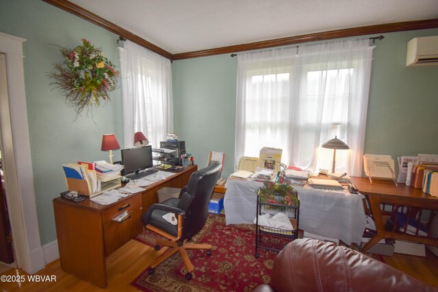 45 W Bald Eagle St, Lock Haven, PA 17745 - office area with ornamental molding, a wall mounted air conditioner, and wood finished floors