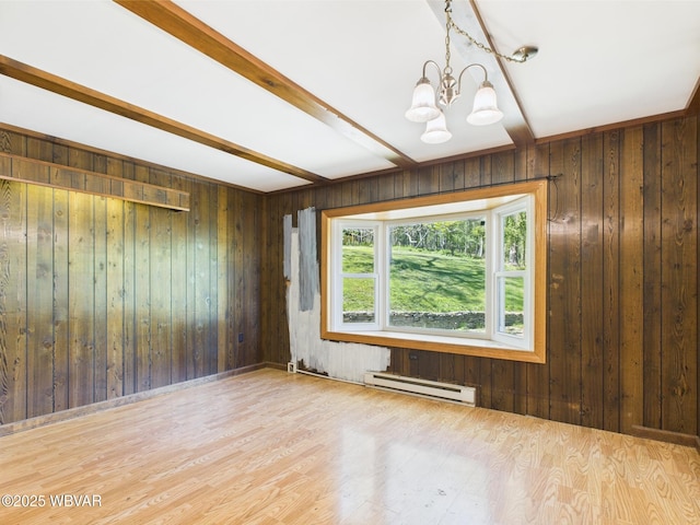 5667 Austinville Rd, Columbia Crossroads, PA 16914 - empty room featuring a baseboard radiator, a chandelier, wood finished floors, and wooden walls