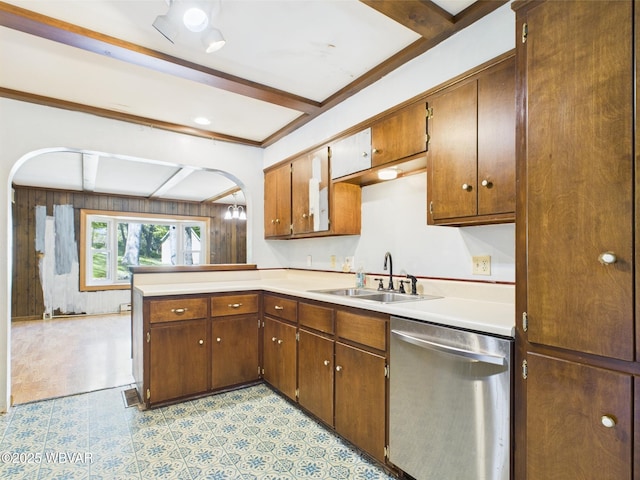 5667 Austinville Rd, Columbia Crossroads, PA 16914 - kitchen with dishwasher, arched walkways, a sink, light countertops, and beamed ceiling