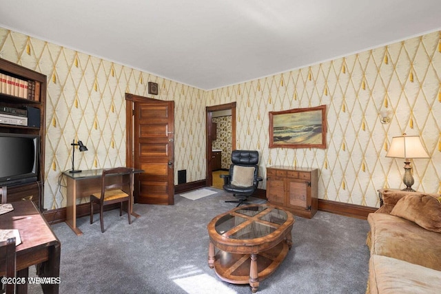 living room with dark colored carpet