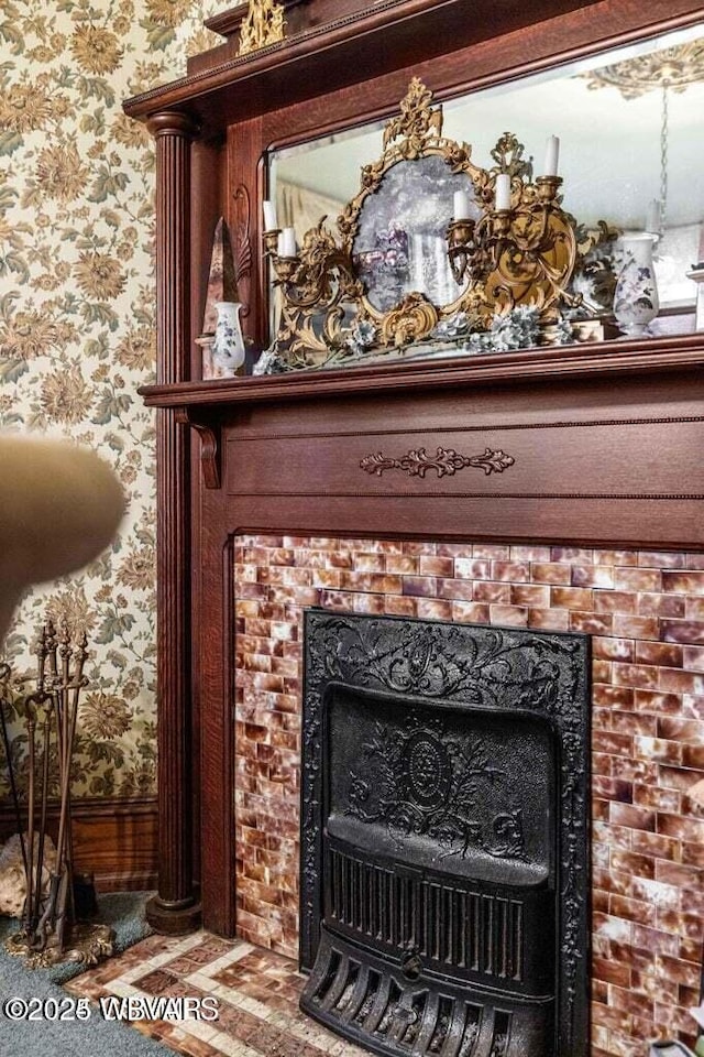 room details with a tiled fireplace