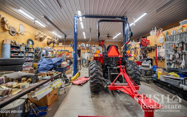 garage with a workshop area