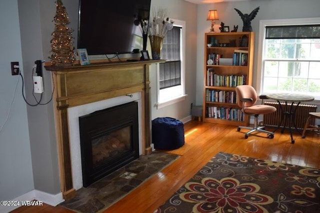 sitting room with radiator and wood-type flooring