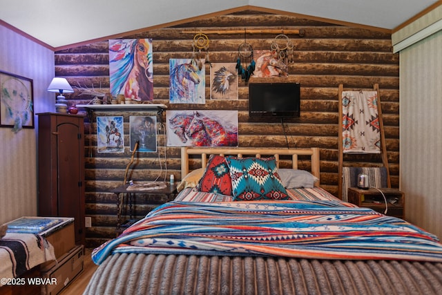 394 Rte 973, Cogan Station, PA 17728 - bedroom with log walls, vaulted ceiling, and wood finished floors