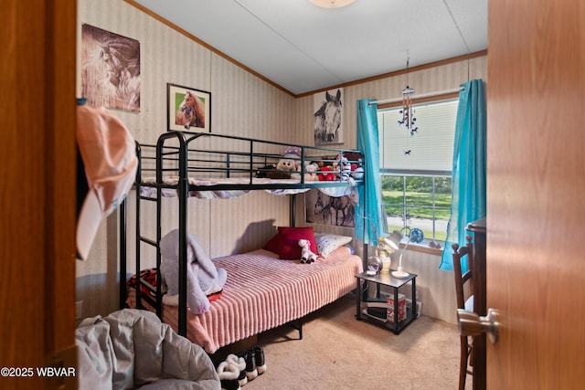 394 Rte 973, Cogan Station, PA 17728 - carpeted bedroom featuring crown molding, wallpapered walls, and vaulted ceiling
