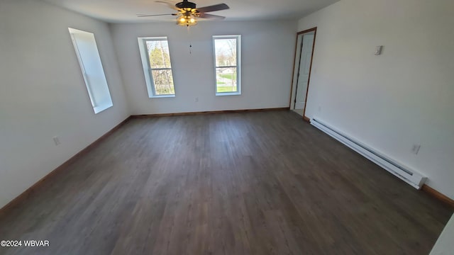 unfurnished room featuring a baseboard radiator, dark hardwood / wood-style floors, and ceiling fan