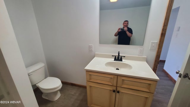 bathroom featuring vanity, toilet, and wood-type flooring