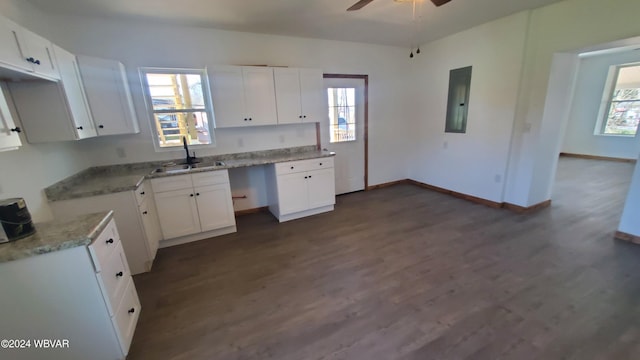 kitchen with white cabinets, electric panel, a wealth of natural light, and sink