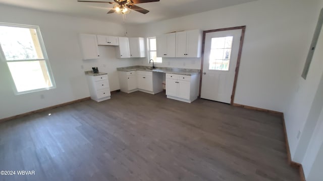 kitchen with a wealth of natural light, white cabinets, and dark wood-type flooring