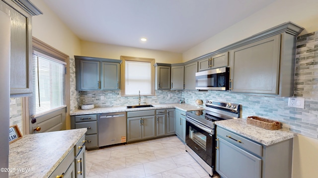 665 5th Ave, Williamsport, PA 17701 - kitchen with gray cabinets, a sink, a wealth of natural light, and stainless steel appliances