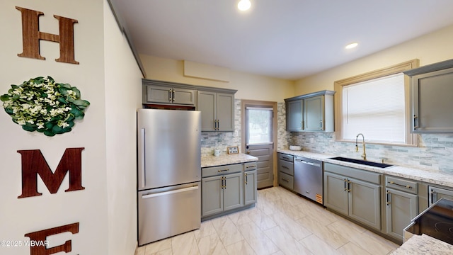 665 5th Ave, Williamsport, PA 17701 - kitchen with tasteful backsplash, gray cabinets, appliances with stainless steel finishes, marble finish floor, and a sink