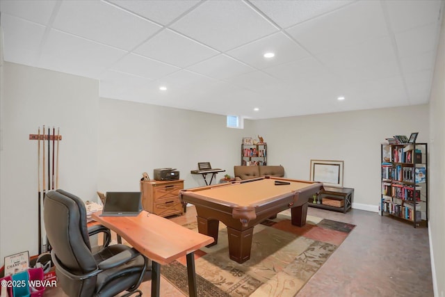 recreation room featuring a drop ceiling, pool table, and concrete flooring