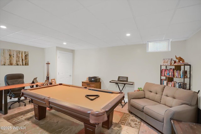 rec room with pool table and a drop ceiling