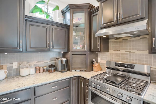 kitchen with backsplash, dark brown cabinets, light stone countertops, and gas stove